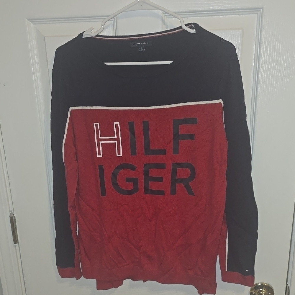 Tommy Hilfiger Red and Black Crew Neck Sweater